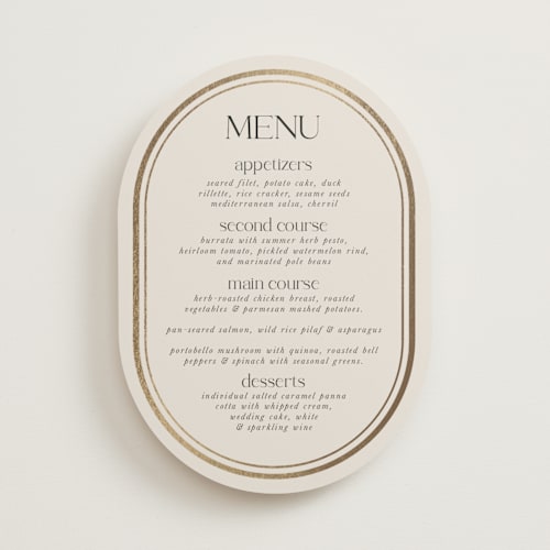 This is a sandstone menu cards with foil pressed by Lori Wemple called oval printing on signature in 5x7