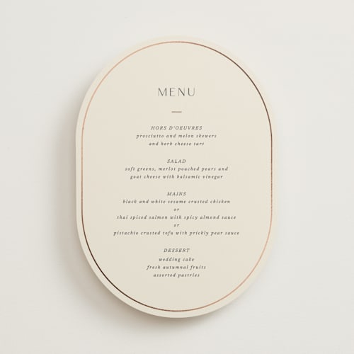 This is a linen menu cards with foil pressed by Blustery August called walnut printing on signature in standard