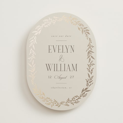 This is a champagne foil stamped save the date cards with foil pressed by Laura Hankins called wildflora printing on signature in standard