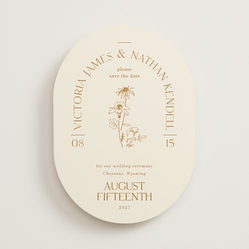 This is a cream save the date with standard by Baumbirdy called floral type arch printing on signature in standard