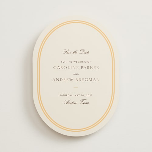 This is a melon save the date with standard by Megan Davis called bocce printing on signature in standard