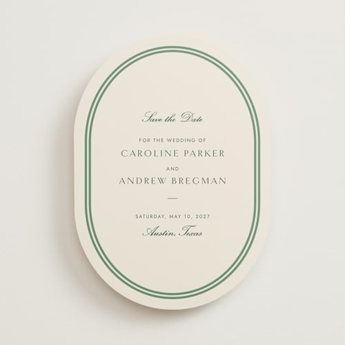 This is a vine save the date with standard by Megan Davis called bocce printing on signature in standard