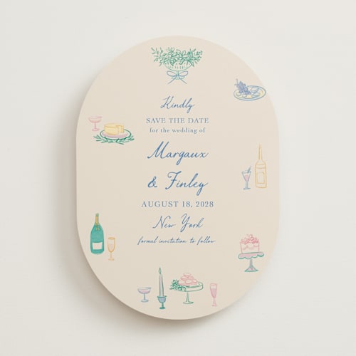This is a pastel save the date with standard by Elly called dining printing on signature in standard