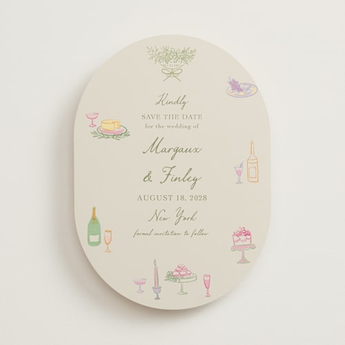 This is a olive save the date with standard by Elly called dining printing on signature in standard