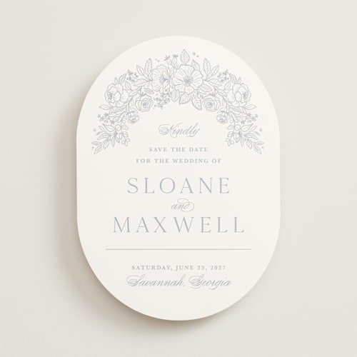 This is a powder blue save the date with standard by Kristen Smith called wild roses printing on signature in standard