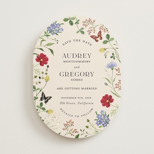 This is a elder flower save the date with standard by Sarah Knight called wild meadow printing on signature in standard