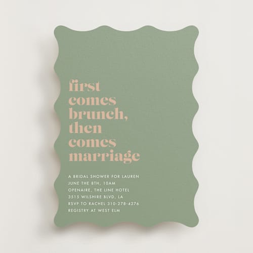 This is a sage bridal shower invitations with standard by mo kelley called first comes brunch printing on signature in standard