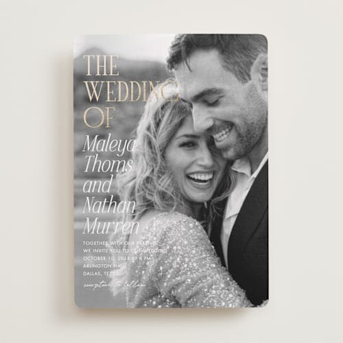 This is a lace foil stamped wedding invitations with foil pressed by Kaydi Bishop called magazine printing on recycled smooth signature in standard