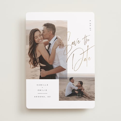 This is a ink foil stamped save the date cards with foil pressed by Kristie Kern called flirt printing on recycled smooth signature in standard