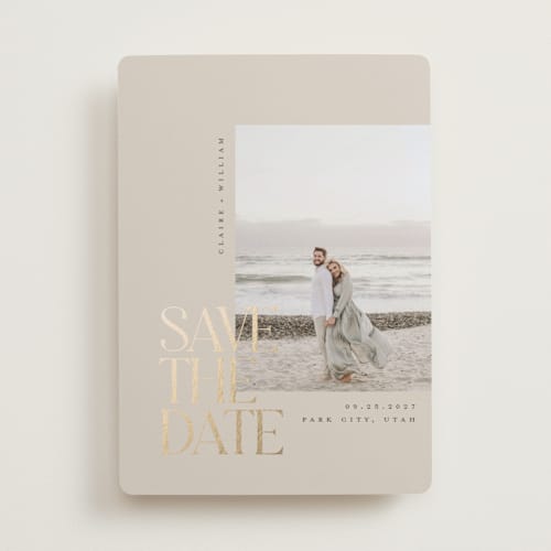 This is a sand foil stamped save the date cards with foil pressed by Robert and Stella called savoy printing on recycled smooth signature in standard