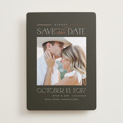 This is a charcoal foil stamped save the date cards with foil pressed by Beth Schneider called grand printing on recycled smooth signature in standard
