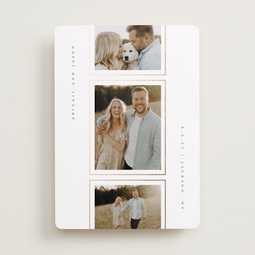 This is a snow foil stamped save the date cards with foil pressed by Lauren Chism called true printing on recycled smooth signature in standard