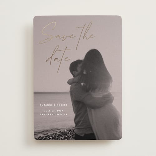 This is a rose foil stamped save the date cards with foil pressed by Sumak Studio called blush printing on recycled smooth signature in standard