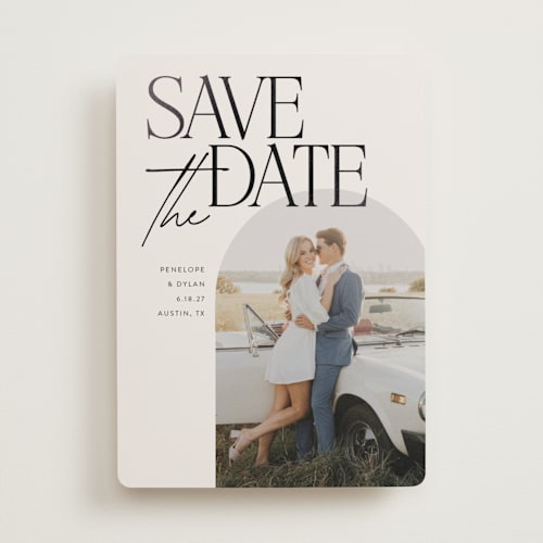 This is a ecru foil stamped save the date cards with foil pressed by Morgan Kendall called penelope printing on recycled smooth signature in standard