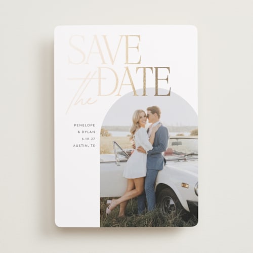 This is a cloud foil stamped save the date cards with foil pressed by Morgan Kendall called penelope printing on recycled smooth signature in standard