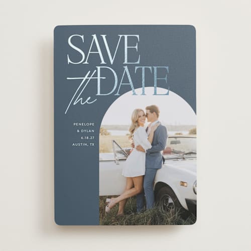 This is a storm foil stamped save the date cards with foil pressed by Morgan Kendall called penelope printing on recycled smooth signature in standard