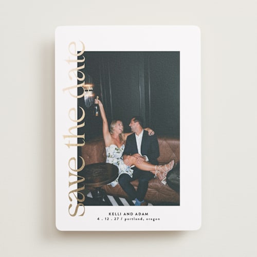 This is a pearl foil stamped save the date cards with foil pressed by Roxy Cervantes called cover page printing on recycled smooth signature in standard