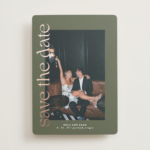 This is a sage foil stamped save the date cards with foil pressed by Roxy Cervantes called cover page printing on recycled smooth signature in standard