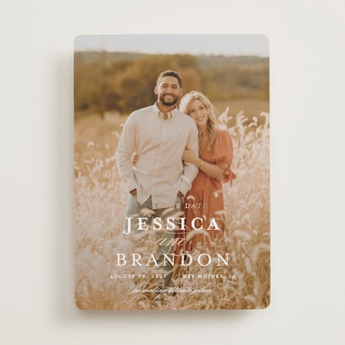 This is a quartz foil stamped save the date cards with foil pressed by Jennifer Postorino called formality printing on recycled smooth signature in standard