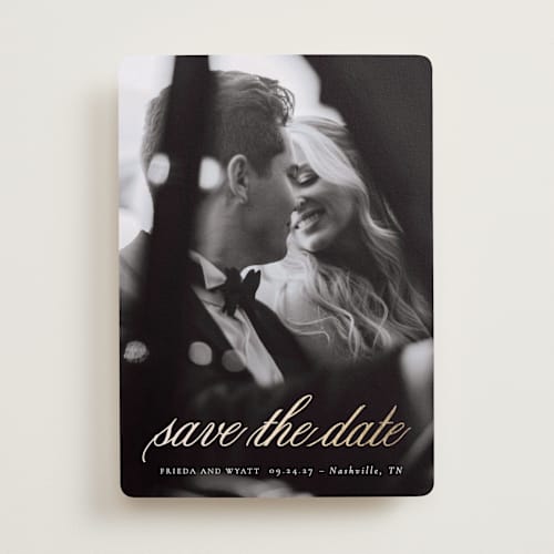 This is a snow foil stamped save the date cards with foil pressed by Sara Hicks Malone called forever classic printing on recycled smooth signature in standard