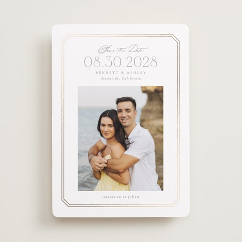 This is a cotton foil stamped save the date cards with foil pressed by Robert and Stella called parque printing on recycled smooth signature in standard