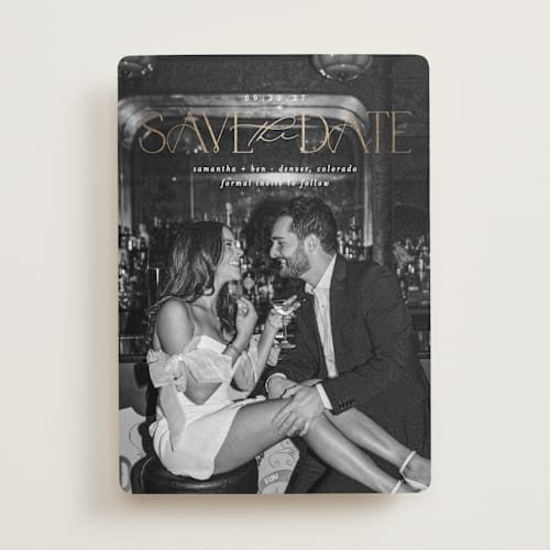 This is a pearl foil stamped save the date cards with foil pressed by Brooke Chandler called elegant fete printing on recycled smooth signature in standard