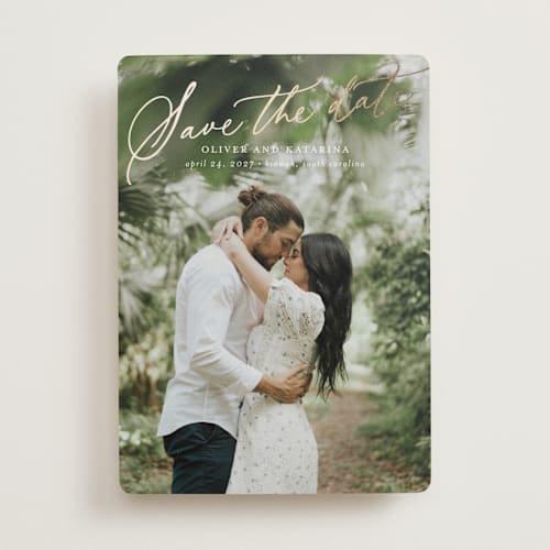This is a cloud foil stamped save the date cards with foil pressed by Erika Firm called kiawah printing on recycled smooth signature in standard