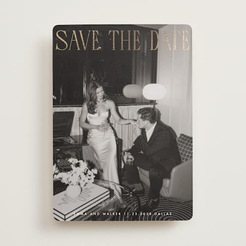 This is a snow foil stamped save the date cards with foil pressed by Maja Cunningham called classic timeless printing on recycled smooth signature in standard