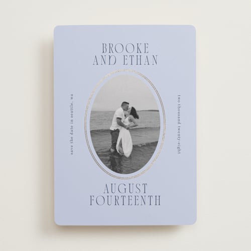 This is a blueberry foil stamped save the date cards with foil pressed by Angela Garrick called ethan printing on recycled smooth signature in standard