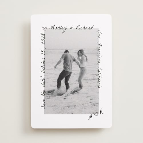 This is a graphite foil stamped save the date cards with foil pressed by Claudia Orengo called showered printing on recycled smooth signature in standard