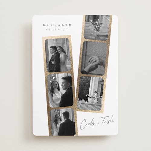 This is a pearl foil stamped save the date cards with foil pressed by Leah Bisch called snapshots printing on recycled smooth signature in standard