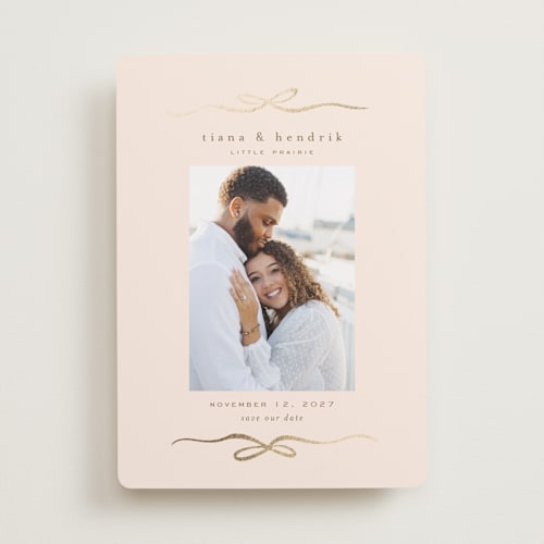 This is a creme foil stamped save the date cards with foil pressed by chocomocacino called maizenita printing on recycled smooth signature in standard