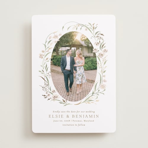 This is a spring mist foil stamped save the date cards with foil pressed by Erin L. Wilson called meadow printing on recycled smooth signature in standard