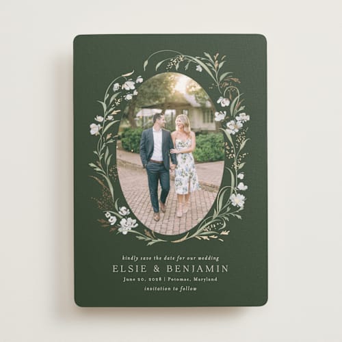 This is a forest floor foil stamped save the date cards with foil pressed by Erin L. Wilson called meadow printing on recycled smooth signature in standard