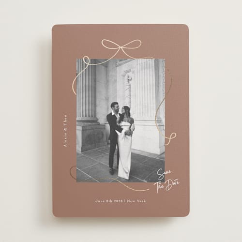 This is a coffee foil stamped save the date cards with foil pressed by Elly called gentle bow printing on recycled smooth signature in standard
