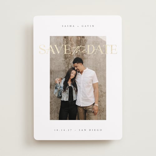 This is a diamond foil stamped save the date cards with foil pressed by Chryssi Tsoupanarias called adore printing on recycled smooth signature in standard