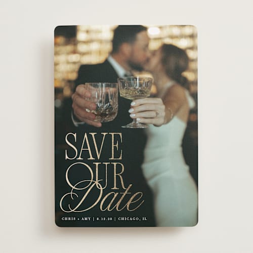 This is a pearl foil stamped save the date cards with foil pressed by Olivia Goree called celebration printing on recycled smooth signature in standard