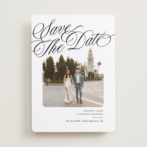 This is a lily foil stamped save the date cards with foil pressed by Owl and Toad called fancy header printing on recycled smooth signature in standard