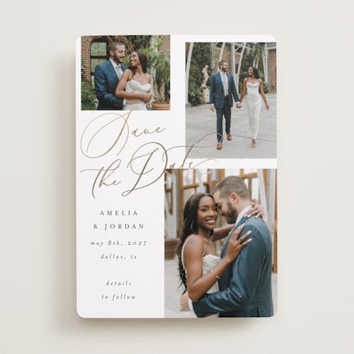 This is a snow foil stamped save the date cards with foil pressed by AK Graphics called whimsy printing on recycled smooth signature in standard