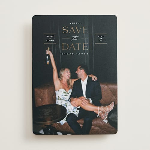 This is a alabaster foil stamped save the date cards with foil pressed by Erica Krystek called classic overlay printing on recycled smooth signature in standard