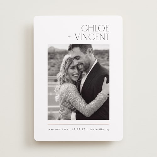 This is a silk foil stamped save the date cards with foil pressed by Kelly Schmidt called modernist printing on recycled smooth signature in standard