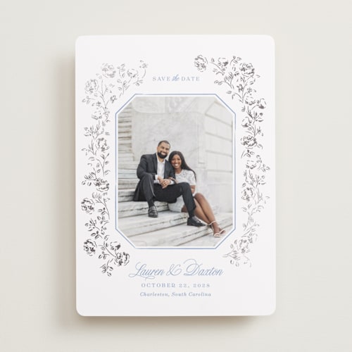 This is a sky foil stamped save the date cards with foil pressed by Robert and Stella called framed florals printing on recycled smooth signature in standard