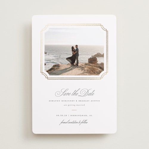 This is a pearl foil stamped save the date cards with foil pressed by Sarah Brown called formality printing on recycled smooth signature in standard