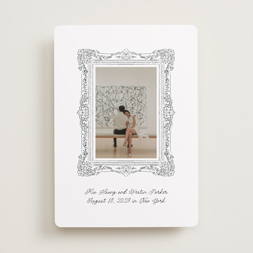 This is a diamond save the date with standard by Jenna Holcomb called sketched frame printing on recycled smooth signature in standard