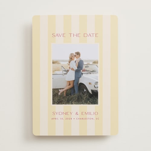 This is a lemon save the date with standard by Ellen Schlegelmilch called palmetto printing on recycled smooth signature in standard