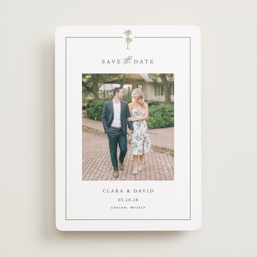 This is a leaf save the date with standard by Olivia Raufman called palm monogram printing on recycled smooth signature in standard