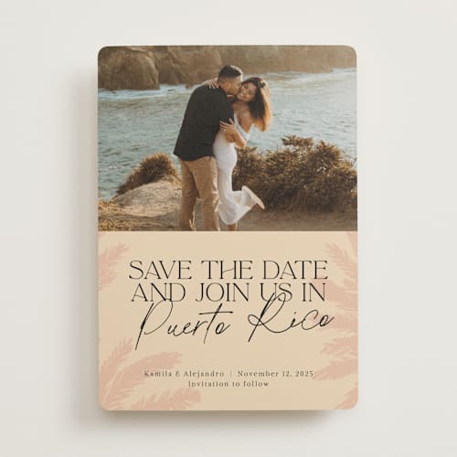 This is a sand save the date with standard by Inkblot Design called destination dream printing on recycled smooth signature in standard