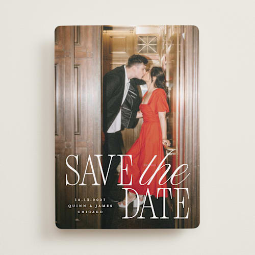 This is a snow save the date with standard by Pixel and Hank called love song printing on recycled smooth signature in standard