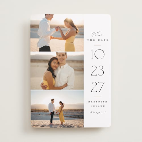 This is a cotton save the date with standard by Carolyn Nicks called elegant trio printing on recycled smooth signature in standard