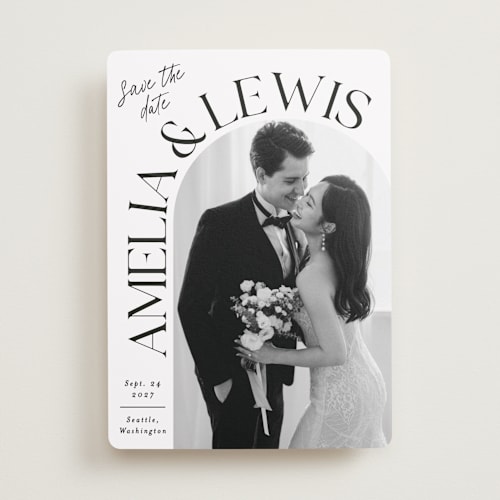 This is a ivory save the date with standard by Alethea and Ruth called side curve printing on recycled smooth signature in standard